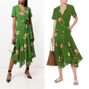 A.L.C. Silk Cora Green Floral Wrap Midi Dress